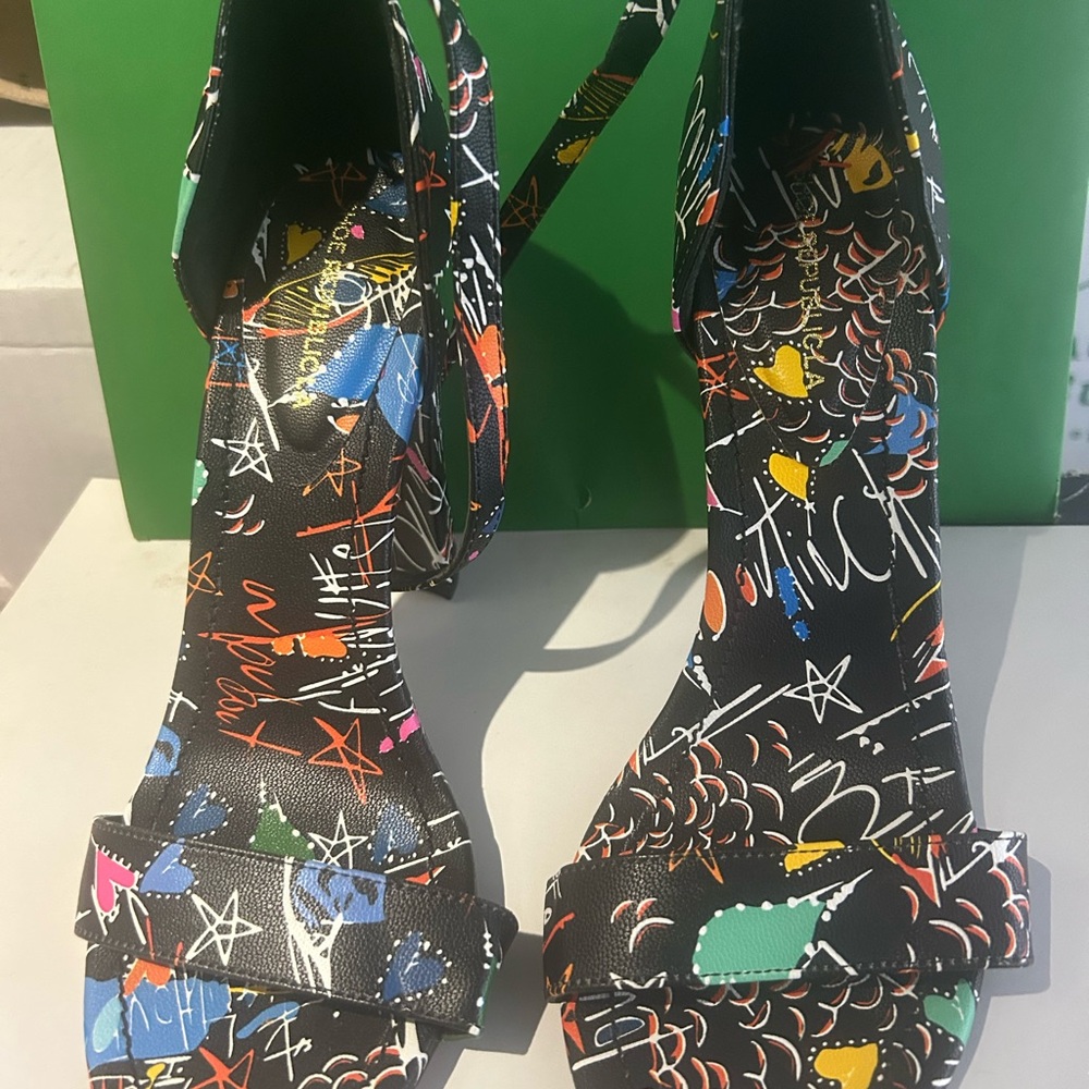 Black Multi-Color Patterned Women's Ankle-Strap Sandals